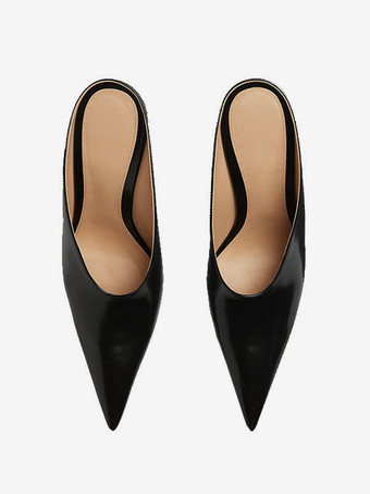 レディース ブラック ミュール ポインテッドトゥ デザインヒール スリッポン パンプス