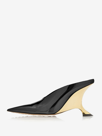 イエローレディース ブラック ミュール ポインテッドトゥ デザインヒール スリッポン パンプス