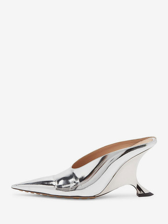 シルバー レディース ブラック ミュール ポインテッドトゥ デザインヒール スリッポン パンプス