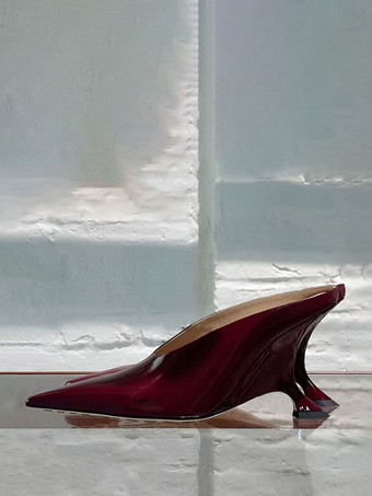 ワインレッド レディース ブラック ミュール ポインテッドトゥ デザインヒール スリッポン パンプス