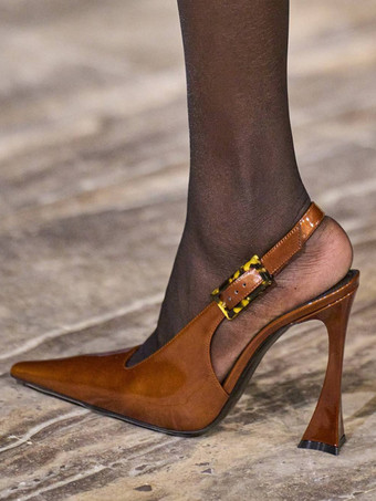 ブラウンハイヒールパンプス レディース ポインテッドトゥデザインヒール スリングバックパンプス