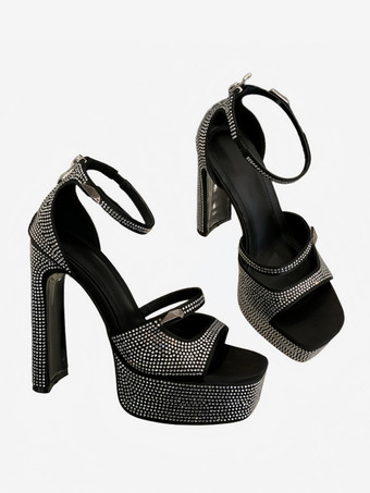 ハイヒールセクシーサンダル ブラック プラットフォーム スクエアトゥ ラインストーン チャンキーヒールサンダル