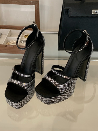 ハイヒールセクシーサンダル ブラック プラットフォーム スクエアトゥ ラインストーン チャンキーヒールサンダル