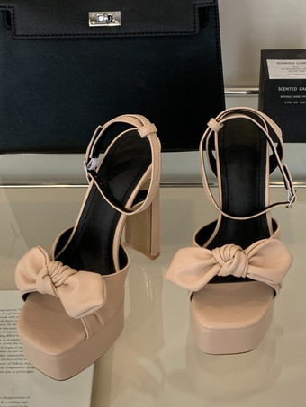 Light ApricotHigh Heel Sandals Platform Open Toe Bows Chunky Heel Sandal Shoes
