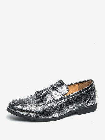 ブラック メンズ タッセルローファー スリッポン PUレザー フィッシュプリント ラウンドトゥ プロム ウェディングシューズ