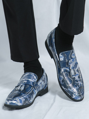 メンズ タッセルローファー スリッポン PUレザー フィッシュプリント ラウンドトゥ プロム ウェディングシューズ