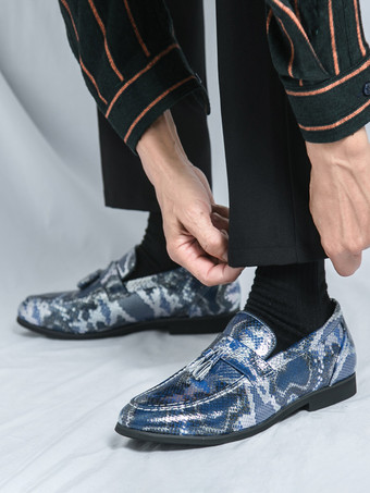 メンズ タッセルローファー スリッポン PUレザー フィッシュプリント ラウンドトゥ プロム ウェディングシューズ