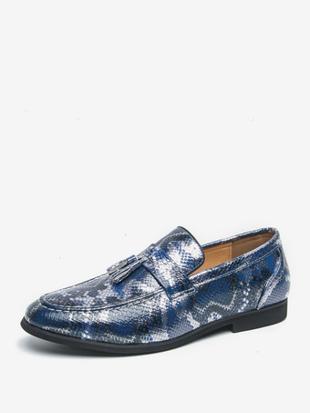 ブルー メンズ タッセルローファー スリッポン PUレザー フィッシュプリント ラウンドトゥ プロム ウェディングシューズ