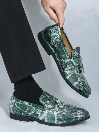 メンズ タッセルローファー スリッポン PUレザー フィッシュプリント ラウンドトゥ プロム ウェディングシューズ