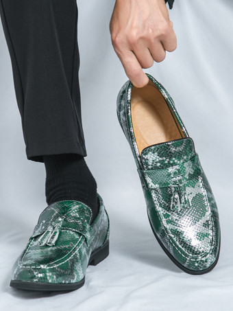 メンズ タッセルローファー スリッポン PUレザー フィッシュプリント ラウンドトゥ プロム ウェディングシューズ