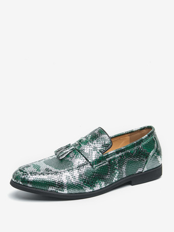 グリーン メンズ タッセルローファー スリッポン PUレザー フィッシュプリント ラウンドトゥ プロム ウェディングシューズ