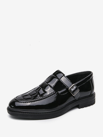 メンズ モンクローファー 編み込みプラットフォーム パテントレザー Tストラップ スリッポン ローファーシューズ