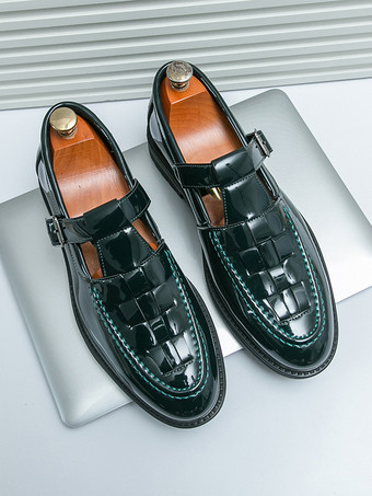 メンズ モンクローファー 編み込みプラットフォーム パテントレザー Tストラップ スリッポン ローファーシューズ