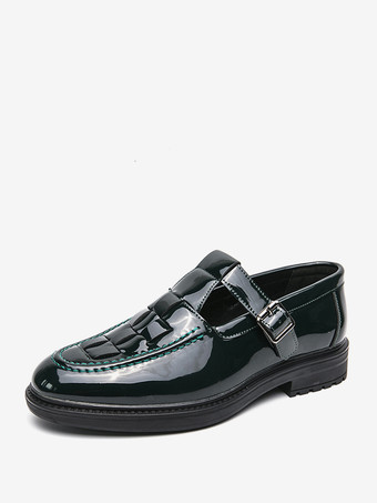 グリーン メンズ モンクローファー 編み込みプラットフォーム パテントレザー Tストラップ スリッポン ローファーシューズ