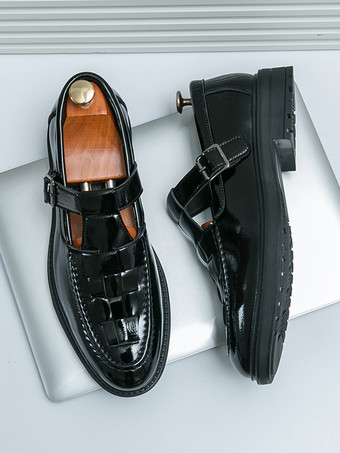 メンズ モンクローファー 編み込みプラットフォーム パテントレザー Tストラップ スリッポン ローファーシューズ