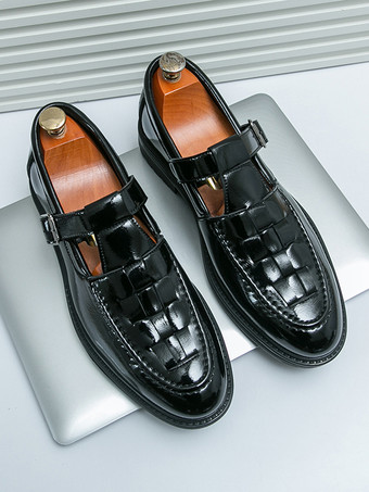 メンズ モンクローファー 編み込みプラットフォーム パテントレザー Tストラップ スリッポン ローファーシューズ