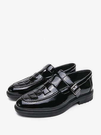 メンズ モンクローファー 編み込みプラットフォーム パテントレザー Tストラップ スリッポン ローファーシューズ