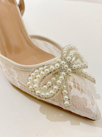 Lace Wedding Shoes Pearls Bow High Heel Slingback Party Prom Shoes