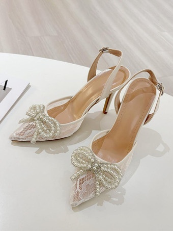 Lace Wedding Shoes Pearls Bow High Heel Slingback Party Prom Shoes