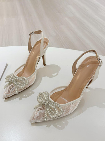White Lace Wedding Shoes Pearls Bow High Heel Slingback Party Prom Shoes