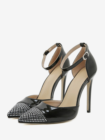 Black Black High Heel Pumps Rhinestones Pointed Toe Ankle Strap Pumps