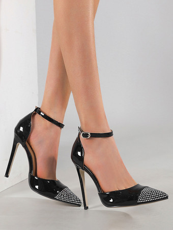 Black High Heel Pumps Rhinestones Pointed Toe Ankle Strap Pumps
