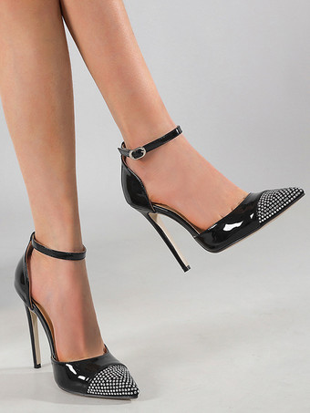 Black High Heel Pumps Rhinestones Pointed Toe Ankle Strap Pumps