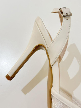 Lace Wedding Shoes Pearls Bow High Heel Slingback Party Prom Shoes