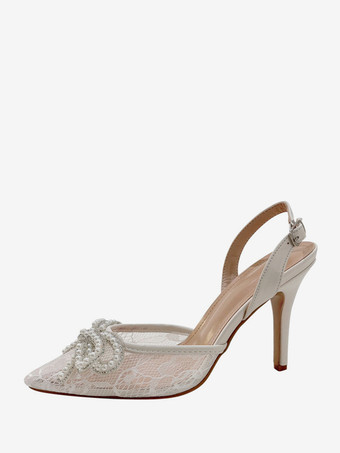 Lace Wedding Shoes Pearls Bow High Heel Slingback Party Prom Shoes