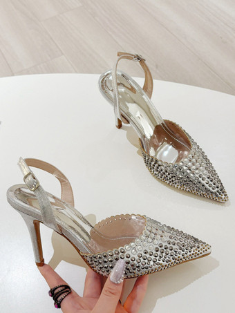 Zapatos de fiesta con tacón alto puntera puntiaguda y diamantes de imitación