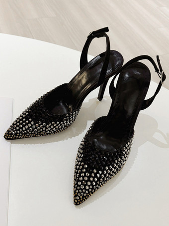 negro Zapatos de fiesta con tacón alto puntera puntiaguda y diamantes de imitación
