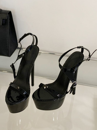 ブラック ハイヒールセクシーサンダルプラットフォームメタリックオープントゥクラブシューズ