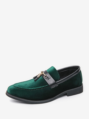 グリーン メンズ タッセルローファー ベルベット メタルバックル ロープシューズ 結婚式 プロム用