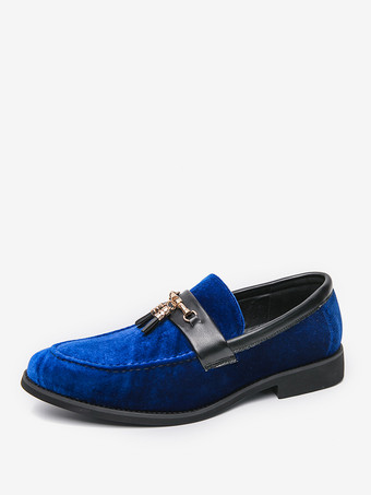 ブルー メンズ タッセルローファー ベルベット メタルバックル ロープシューズ 結婚式 プロム用