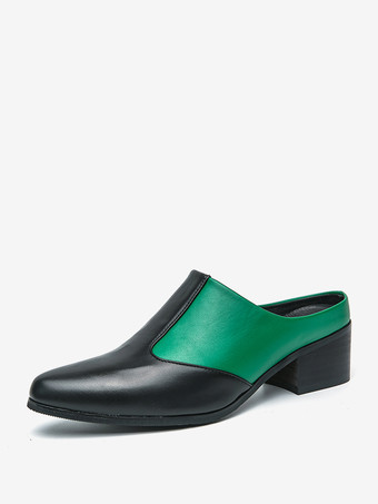 グリーン メンズ スリッポン ローファー スリッパ チャンキーヒール PUローファーシューズ