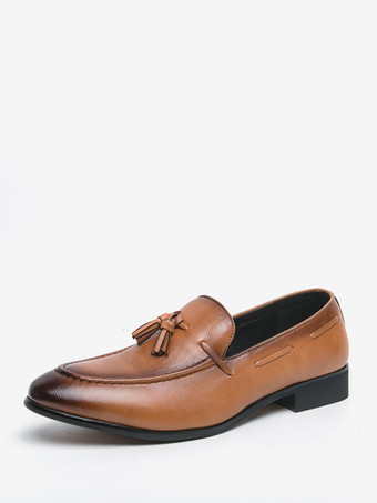 ブラウンメンズ タッセルローファー ラウンドトゥ スリップオン 快適なローファー 結婚式 プロム用