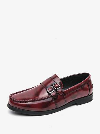 レッド メンズ モンクローファー 快適なサイドバックル スリッポン PUレザー ローファーシューズ