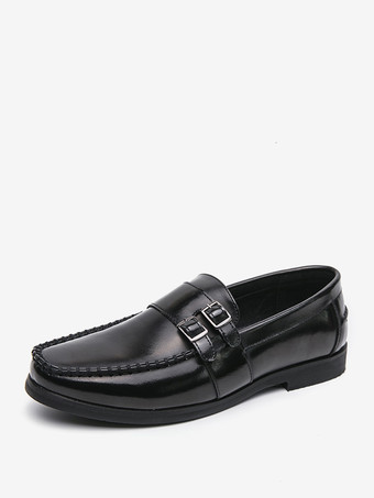 ブラック メンズ モンクローファー 快適なサイドバックル スリッポン PUレザー ローファーシューズ