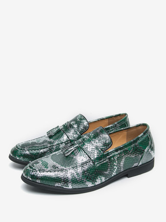 メンズ タッセルローファー スリッポン PUレザー フィッシュプリント ラウンドトゥ プロム ウェディングシューズ