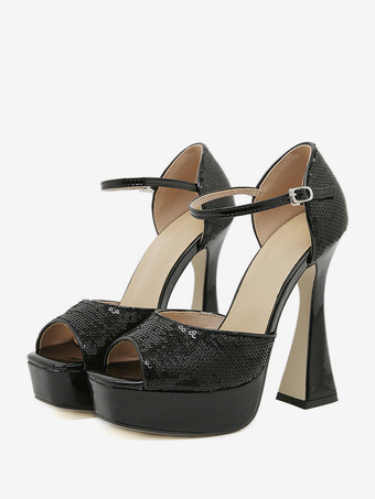 negro Sandalias de tacón alto con lentejuelas y punta abierta en color negro zapatos de fiesta sexys con plataforma