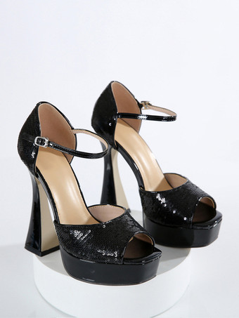 Sandalias de tacón alto con lentejuelas y punta abierta en color negro zapatos de fiesta sexys con plataforma