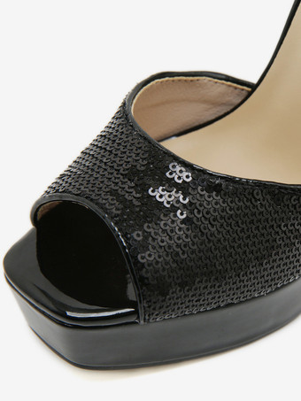 Sandalias de tacón alto con lentejuelas y punta abierta en color negro zapatos de fiesta sexys con plataforma