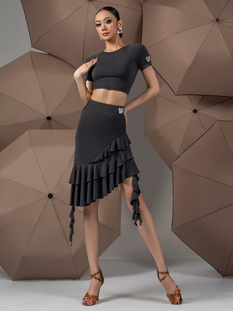 ブラック ラテンダンスドレス ブラック レディース フリル アシンメトリー セット セクシー ダンス コスチューム セット