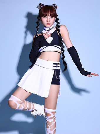 ジャズダンスコスチューム ホワイト レディース ポリエステル トップ スカート グローブ セット ダンスウェア