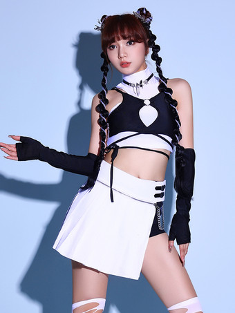 ジャズダンスコスチューム ホワイト レディース ポリエステル トップ スカート グローブ セット ダンスウェア