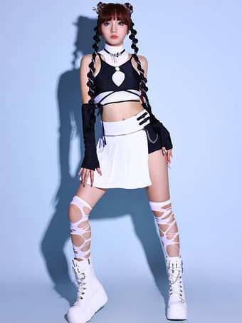 ジャズダンスコスチューム ホワイト レディース ポリエステル トップ スカート グローブ セット ダンスウェア