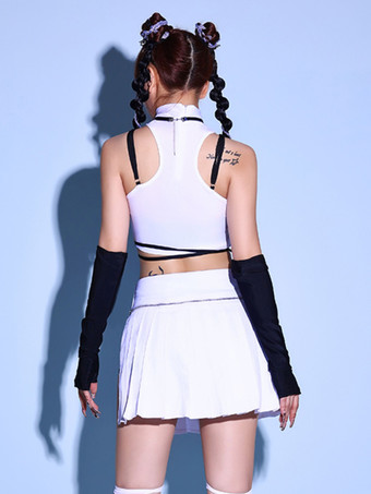 ジャズダンスコスチューム ホワイト レディース ポリエステル トップ スカート グローブ セット ダンスウェア