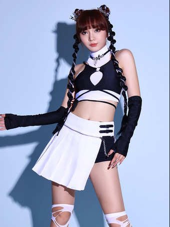 ブラック ジャズダンスコスチューム ホワイト レディース ポリエステル トップ スカート グローブ セット ダンスウェア