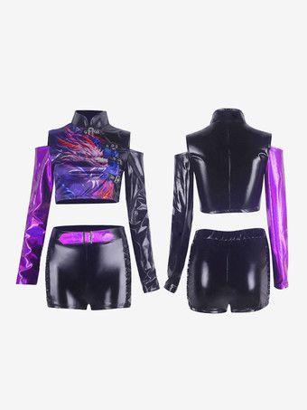 パープルダンスコスチュームレディースジャズヒップホップポリエステルトップパンツセットダンスウェア