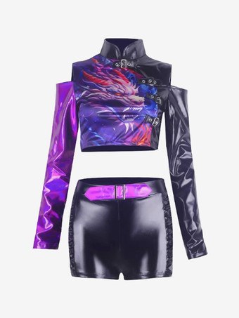 パープルダンスコスチュームレディースジャズヒップホップポリエステルトップパンツセットダンスウェア